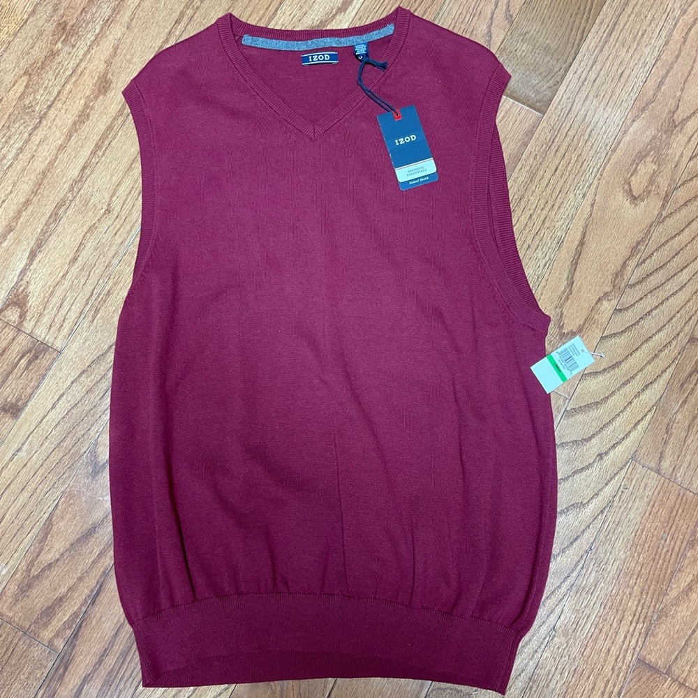 Izod Mens Sweater Vest Sleeveless Knit V-Neck Biking Red/Burgundy Size Large NWT